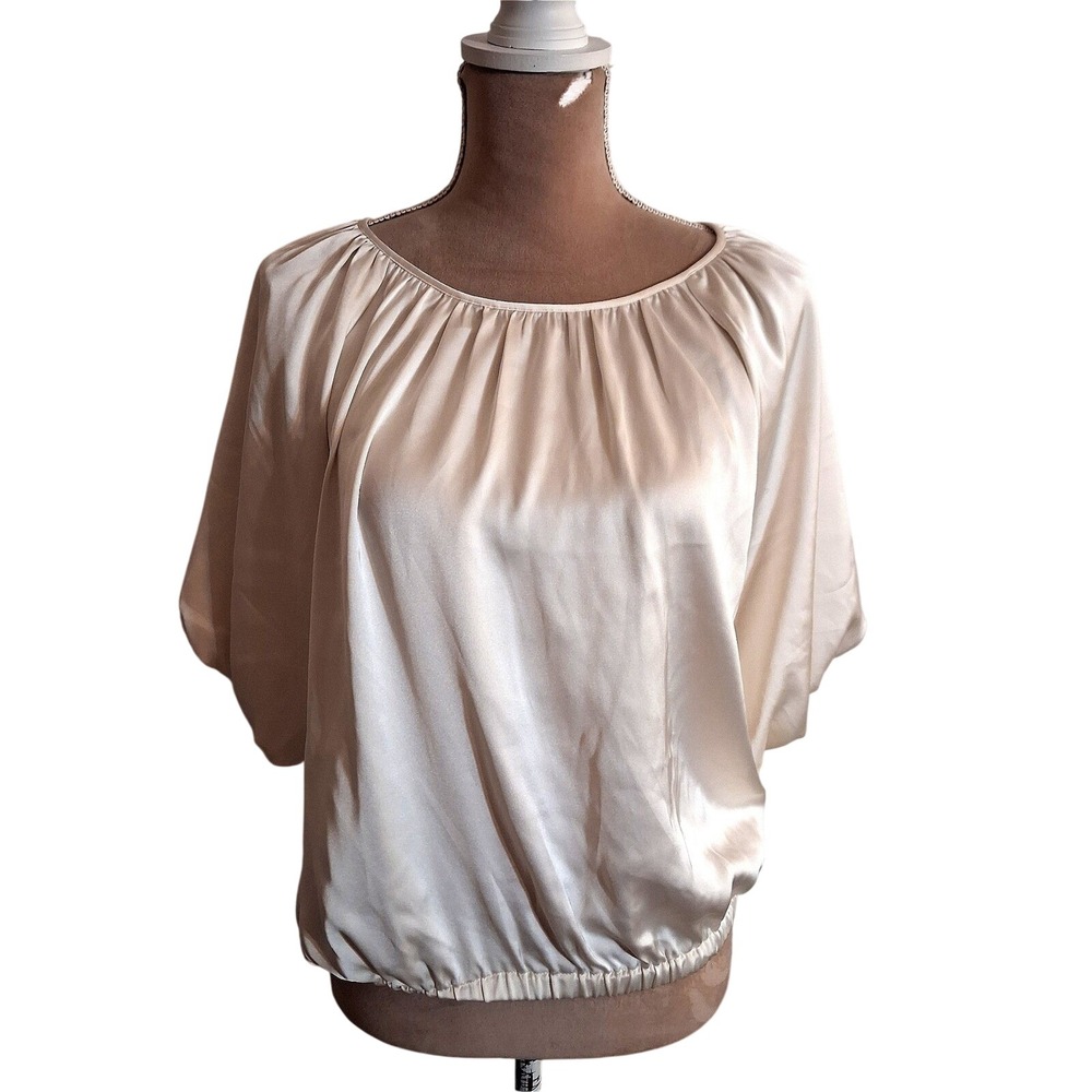 Rachel Zoe Cream Satin Dolman Sleeve Bubble Hem Blouse Top Ivory Large